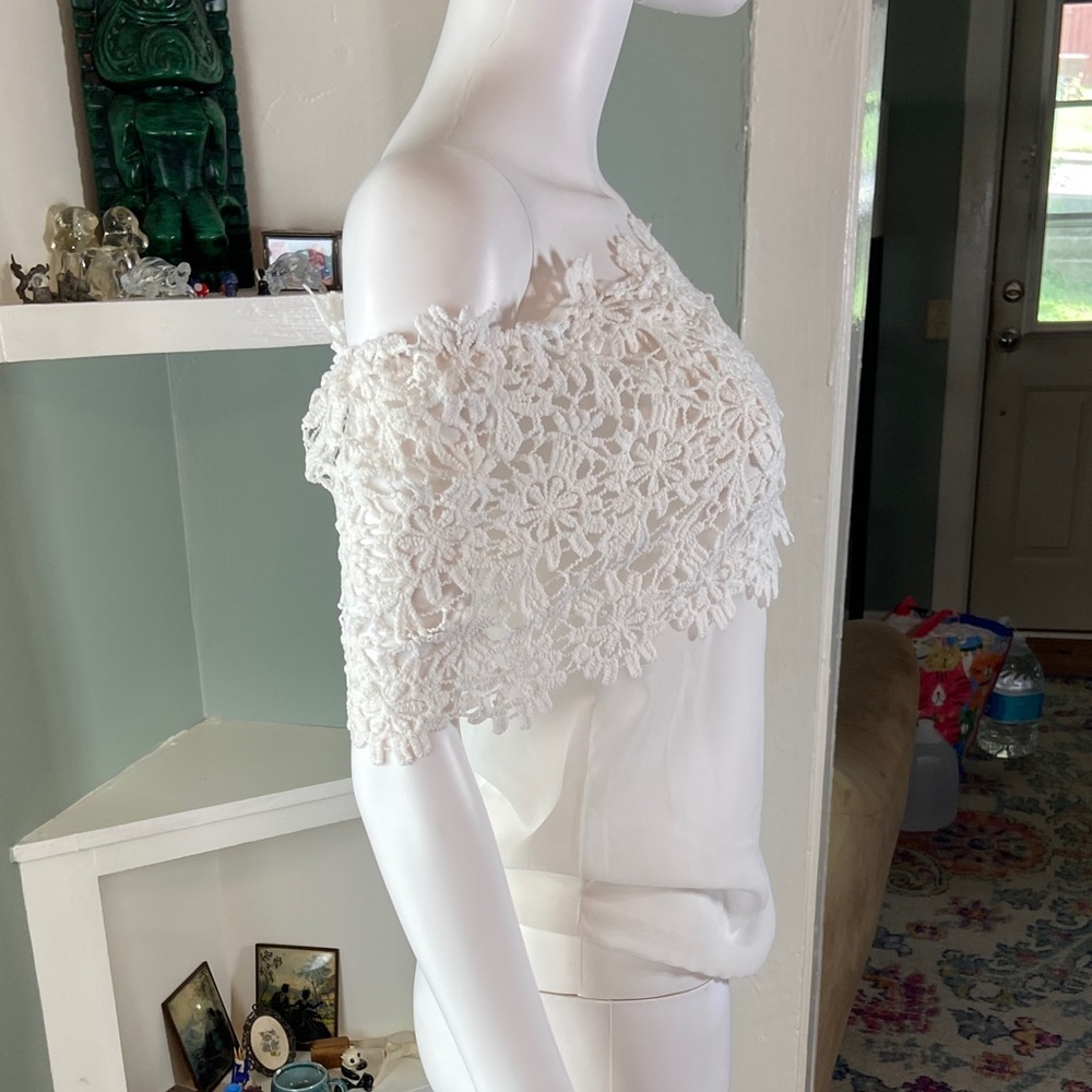 White Boho Bohemian Sheer Chiffon Floral Lace Off-Shoulder Blouse XSmall XS - Picture 5 of 8